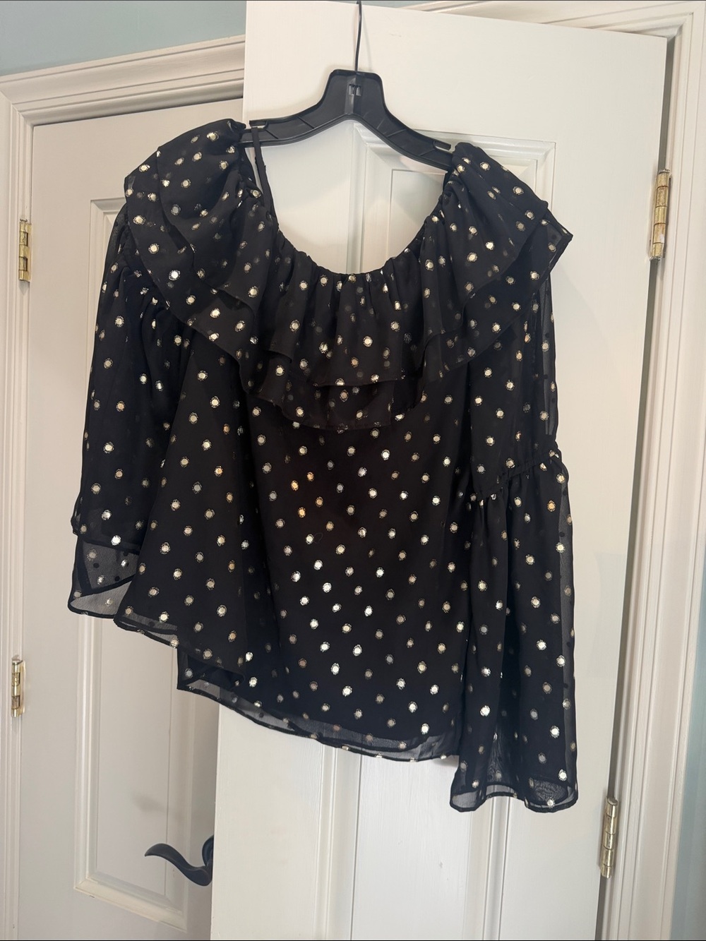 Parker Black Ruffle Off-Shoulder Blouse with Gold Metallic Dot Print